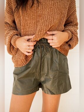Judith March Olive Green Drawstring Faux Leather Shorts
